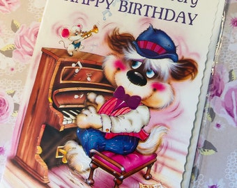 RARE True Vintage/Retro Circa 1970s Blank Birthday Card with Cute 'Piano Playing Dog Design -Sweet Verse - Fun, Nostalgic Card - Retro Lover