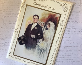 RARE Vintage Circa 1980s Wedding Card - Pretty Victorian Bride and Groom Design - Greeting Inside is Happiness be with you on all life's way