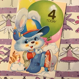 RARE Vintage/Retro Circa 1970s '4 Today' Cartão de aniversário com ADORÁVEL coelho com balões e Robin Design - Sweet Verse - Cartão de menino de 4 anos