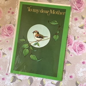 Cartão de aniversário EXTREMAMENTE raro e não utilizado, vintage por volta de 1960, 'Para minha querida mãe' - Design de pássaro de jardim, verso sentimental, vintage/mãe amorosa de pássaros
