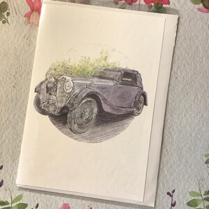 RARO cartão de aniversário vintage aberto da década de 1980 com um design maravilhoso de carro antigo - Cartão para amantes de carros clássicos - Cartão incomum - Verso doce dentro