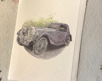 Carte d'anniversaire voiture classique vintage - Dessin au crayon des années 1980