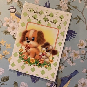ZELDZAME Vintage/Retro Circa jaren 1980 'Ik wens je een heel gelukkige verjaardag'-kaart - Schattige hond ontwerp - Vintage/hond liefhebbende vriend kaart - ongebruikelijke kaart
