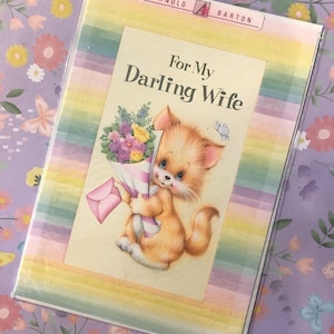 Biglietto di auguri di compleanno vintage/retrò degli anni '80 circa "Per la mia cara moglie" - Grazioso disegno di un gatto con un pizzico di brillantezza - Biglietto per moglie amante dei gatti - Amante del retrò