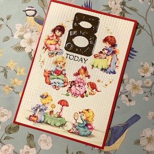Cartão de aniversário raro vintage/retro por volta dos anos 1980 '8 Today' - design fofo de meninas estilo Holly Hobbie por Gill - decorado por dentro - verso doce