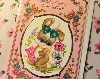 RAR schön circa 1970s Vintage/Retro unbenutzt 'Birthday Greetings Dear Sister' - Super Süß/Retro Kaninchen & Maus Design - Sweet Verse