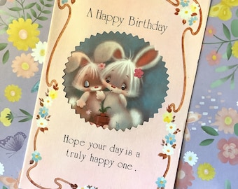 EXTREMELY RARE Vintage/Retro Circa 1960s &#39;A Happy Birthday&#39; Four Fold Cut-Out Front Card - Cute Pair of Rabbits Design - Kitsch Lover Card