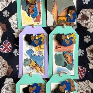 Paddington Bear Enamel Badges on Handmade Gift Tags That Are Upcycled from 1970s Damaged Paddington Picture/Story Books - Sold Individually