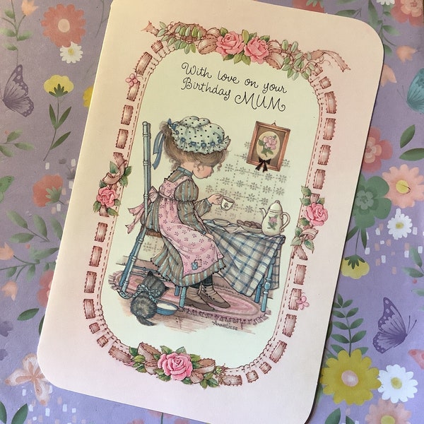RARE Retro/Vintage Circa 1970s 'With love on your Birthday MUM' Card By Anneliese - Cute Holly Hobbie Style Girl & Cat Design - Retro Lover