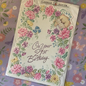 Cartão RARE Vintage Circa 1990 'On Your 21st Birthday' com gato fofo, pássaro azul, rato e lindo design floral - cartão de amante de gato - verso doce