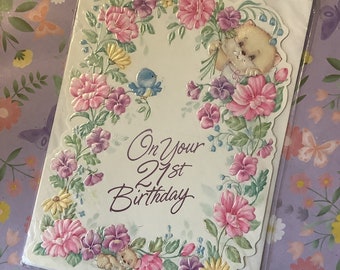 RARE Vintage Circa 1990s 'On Your 21st Birthday' Card with Cute Cat, Bluebird, Mouse & Pretty Floral Design - Cat Lover Card - Sweet Verse