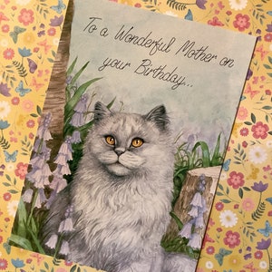 ZELDZAME vintage verjaardagskaart 'To A Wonderful Mother' uit de jaren 90 met een prachtig, AANBIDDELIJK kattenontwerp - Cat Loving Mother - eenvoudige groet