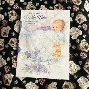 Carte vintage des années 1990, grand format A4 « À ma femme, à la naissance de notre fils », avec pompon couleur lilas, création pour bébé et jouets et vers doux