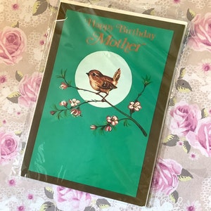 Carte « Happy Birthday Mother » extrêmement rare inutilisée vintage vers les années 1960 - conception d'oiseau de jardin - voeux simple - vintage/oiseau aimant la mère