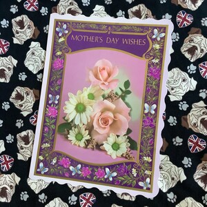 ZELDZAME en verbluffende vintage fotokaart 'Mother's Day Wishes' uit de jaren 1970, grote retro bloemen 'Sharpe's Classic' - roze rozen - sentimenteel vers