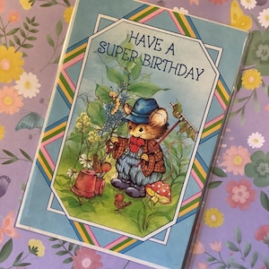 RARO Circa 1980s Vintage/Retro 'Have A Super Birthday' - Design de rato 'Gardening' super fofo - Cartão de amigo amoroso vintage/retro