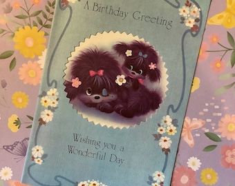 EXTREMELY RARE Vintage/Retro Circa 1960s 'A Birthday Greeting' Four Fold Cut-Out Front Card - Cute Poodle Dog & Puppy Design - Kitsch Card