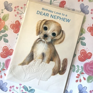 Cartão RARO Vintage/Retrô Circa 1970 'Amor de Aniversário para um Querido Sobrinho' - Design de Cachorro Fofo Impressionante - Cartão de Sobrinho Retrô/Amante de Cachorro