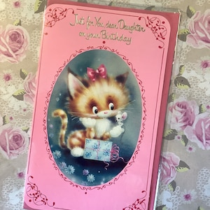 Raro Vintage Circa 1970s 'Só para você, querida filha no seu aniversário' Design fofo e kitsch de gato e rato com versos doces e sentimentais