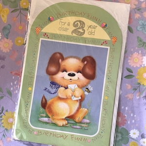 RARA cartolina vintage/retrò degli anni '80 circa "Per un caro bambino di 2 anni" con ADORABILE disegno di cane e ape - Cartolina con versi dolci - Cartolina di compleanno nostalgica