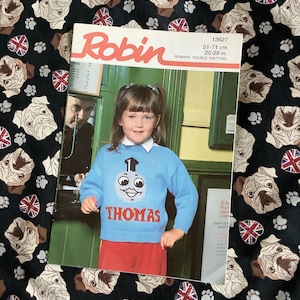 RARE Vintage 1990s Thomas The Tank Engine Kid's Sweater and Button-to-Neck Cardigan Robin Knitting Pattern Booklet No 13627 - Sizes 51-71 cm