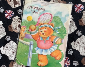 RARE Vintage Circa 1980s 'A Birthday Wish' Card with Cute 'Tennis Player' Bear Design - Sweet Greeting - Tennis Lover Card - Sweet Greeting