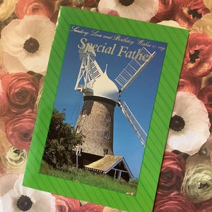 RARO E FABULOSO Vintage dos anos 80 'Enviando desejos de amor e aniversário para meu pai especial' Cartão com foto retrô com tema de moinho de vento com verso doce