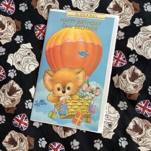 RARE Vintage Circa Unbenutzte 1970er Jahre 'Happy Birthday Lieber Brother' Karte - Super Süsse/Retro Koala & Maus im Heißluftballon Design-Kitsch Karte