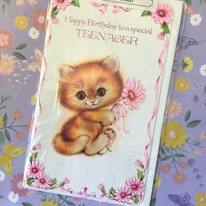 RARE Vintage Circa 1980 'Happy Birthday to a special Teenager' Card con Cute Cat & Pink Flower Design -Cat Loving Teen -13th Birthday Card