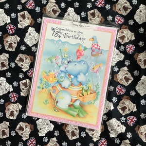 Cartão RARO grande vintage/retro por volta dos anos 1980 "Parabéns pelo seu 18º aniversário" - Design fofo e divertido de hipopótamo, peixe e pássaro - Cartão retrô para amantes