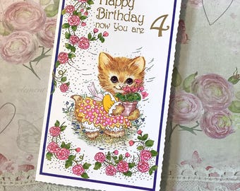 RARE Vintage Circa 1970s 4th Birthday Card - ADORABLE Dressed Cat and Pretty Floral Design - Sweet Verse Inside -Traditional, Nostalgic Card
