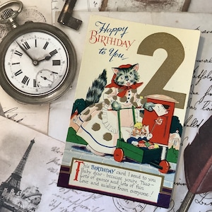 SEHR seltene echte Vintage Sensationelle 1940er Jahre ungeschriebene Geburtstag Postkarte - entzückendes Katzen Design - süßer Vers - Karte zum Aufbewahren - Nostalgie
