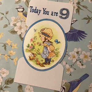 RARE Vintage/Retro Circa 1970s &#39;Now You are 9&#39; Birthday Card - Cute Holly Hobbie Style Girl and Forest Animals Design -Sweet Greeting Inside