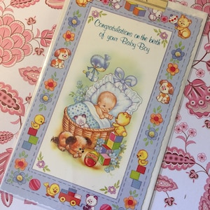 RARE Vintage/Retro Circa 1970s Tarjeta 'Felicitaciones por el nacimiento de su bebé' - Diseño lindo - Verso encantador - Padres amorosos vintage