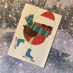 EXTRÊMEMENT RARE carte de Noël vierge rétro/vintage des années 1970, adorable Robin en patinage sur glace, design par Anthony Browne - Jolie carte à encadrer