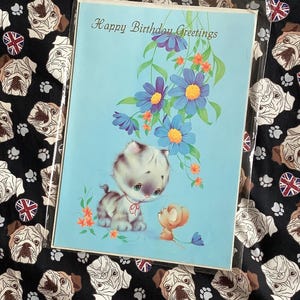 RARO Grande Verdadeiro Vintage/Retro Circa 1970s 'Feliz Aniversário' Cartão - Kitsch/Retro/Bonito Design de Gato e Rato Retro/Vintage/Amante de Gatos Cartão