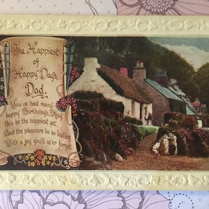SELTENE Vintage Circa 1940er Jahre unbeschriebene Dad Birthday Color Postkarte - Atemberaubende strohgedeckte Cottage Fotokarte - nostalgische Postkarte - Beschädigte Karte
