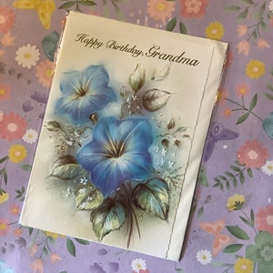 RARE Vintage Circa 1960s STUNNING 'Happy Birthday, Grandma' Birthday Card - Pretty Blue Raised Floral Design - Beautiful Verse - Nostalgic