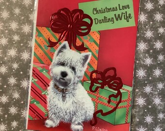 RARE Vintage Circa 1980s Darling Wife Christmas Card - ADORABLE West Highland White Terrier Dog Design by P. Walton - Sweet Verse - Dog Fan