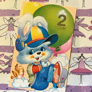 RARO cartão de aniversário vintage/retro por volta dos anos 1970 '2 Today' com ADORÁVEL coelho com balões e design de Robin - Sweet Verse - Card to Treasure