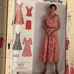 May include: Simplicity K2917 sewing pattern for a one-piece dress, with fabric suggestions. The pattern includes multiple dress styles, with a woman modeling a floral print dress. The pattern is produced in association with Sew magazine.