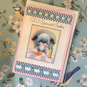 RARE Circa 1970s Vintage 'To A Special Sister' Cartão de aniversário com lindo design de cachorro kitsch - Vintage/Retro/Dog Loving Sister - Cartão nostálgico