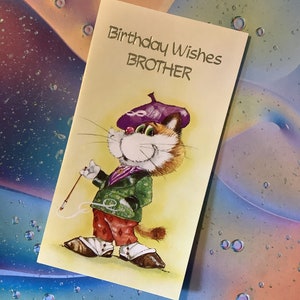 RARE Vintage/Retro Circa 1970s 'Birthday Wishes Brother' - Fun Debonair 'Big Eye' Design de gato - Retro, Nostalgia/Cartão de irmão amoroso de gato