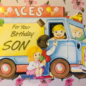 Raro biglietto vintage/retrò degli anni '70 'Per il tuo compleanno figlio' con simpatico furgone dei gelati e design per bambini - Biglietto nostalgico - Figlio amorevole retrò