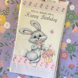 Cartão de aniversário RARO vintage por volta dos anos 1970 com um coelho fofo e design floral - Super retrô - verso doce - cartão colecionável - cartão de amante de coelho