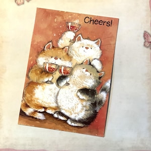 Rare carte d'anniversaire vintage 1994 - ADORABLE trio de « gros chats » buvant des boissons pétillantes par Margaret Sherry - décorée à l'intérieur - carte pour amoureux des chats