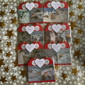 May include: Seven gift tags with winter-themed illustrations of snowmen and children. Each tag is red with a heart-shaped label and the word "Pack" followed by a number. The tags are tied with twine and are on a gold star-patterned background.