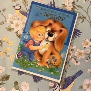 Seltene Vintage Circa 1980s mit besten Wünschen zum Geburtstag lieber Bruder Karte - süße Hund, Schmetterling, Maus & Junge Design - Nostalgie Fan Karte