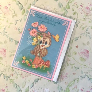 Cartão vintage raro da década de 1980 "Com amor, filha no seu aniversário" - ADORÁVEL coruja e design floral - Verso doce - Filha amante de coruja/kitsch