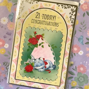RARO Vintage Circa 1970s '21 Hoje! Cartão de aniversário de parabéns com design fofo de gato e rosas - Cartão nostálgico - Verso doce - Um cartão para guardar
